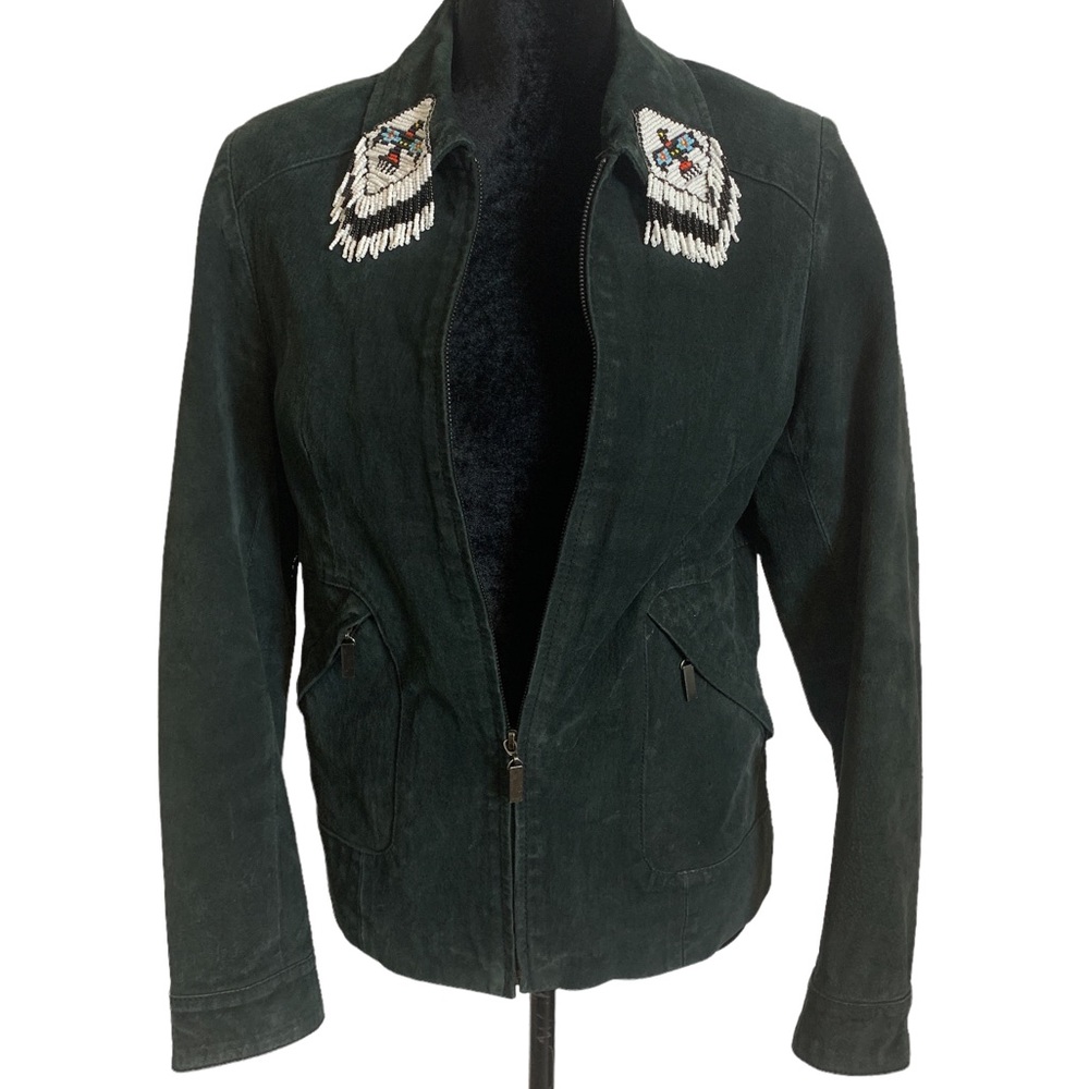 AUSTIN CLOTHING dark emerald green leather zip front jacket